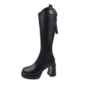 Women's Summer Fashionable Over the Knee <b>Boots</b> with Pointed Toe Metal Fasteners Large Chunky Heels Zipper Closure Easy to Wear - Product Image 5
