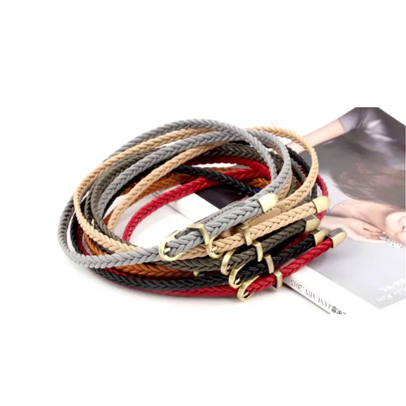 stock 0.8cm width 10 colors Dress shirt retro leisure decoration womens needle button fine rope woven pu leather braided belt