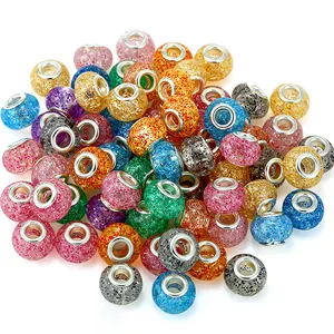 SOJI harga pabrik 14mm jimat Resin manik-manik longgar tertanam glitter warna campuran 5mm lubang besar manik-manik Eropa untuk membuat perhiasan