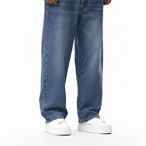 กางเกงยีนส์ขาบานสำหรับผู้ชายทรงหลวมใส่สบายมีซิปและกระดุมทรงหลวมโลโก้ออกแบบได้ตามต้องการ - Product Image 1