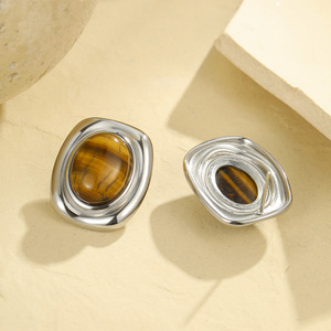 Women 18k Gold Plated Hypoallergenic Stainless Steel Vintage Tiger's Eye Green <strong>Jade</strong> Stone Stud <strong>Earrings</strong> Fancy Indian Jewelry - Product Image 3