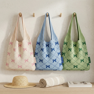 Bolso Tote <span class=keywords><strong>de</strong></span> Punto con Lazo y Diseño Argyle, con Logotipo Personalizado, Bolso <span class=keywords><strong>de</strong></span> Mano Resistente <span class=keywords><strong>de</strong></span> Ganchillo <span class=keywords><strong>para</strong></span> Mujer, <span class=keywords><strong>para</strong></span> Viajes Diarios - Product Image 1