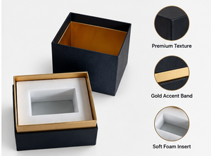 Boîte cadeau carrée noire avec bande dorée, couvercle amovible, insert renforcé, logo personnalisé, pour bijoux, cosmétiques, électronique, boîte cadeau de luxe - Product Image 3