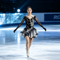 Costume de patinage artistique à manches longues, dégradé noir et blanc, dentelle florale 3D, strass, jupe à volants, robe de danse sur glace, sur mesure OEM ODM
