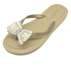 Sandali infradito piatti da donna con fiocco in perle e oro e strass - Product Image 5