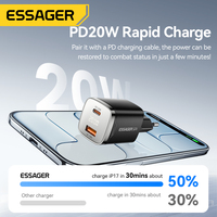Chargeur mural rapide GaN 20W Essager ES-CD62 avec prise EU US KR UK, petit format, compatible USB Type-C pour iPhone 15/14/13
