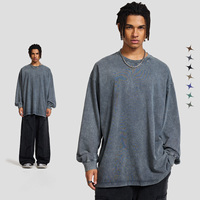 Kaos Lengan Panjang Unisex Grosir yang Dapat Disesuaikan, 275g Heavyweight Vintage 100% Katun Double Yarn Batik Distressed Washed