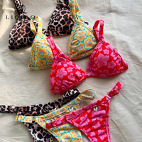 LIQIAO Push-up Bikiniset met Pailletten en Gemengde Print, Driehoekige Bikini, Verstelbare Bandjes, Bloemen/Luipaardprint, Duurzame Mode