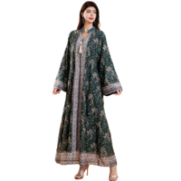 Robe Abaya Modeste en Polyester Respirant pour Femmes Musulmanes, Élégante pour Mariage et Soirée, Anti-statique, Col en V Thermocollé, Imprimé Ethnique à Pompons