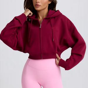 Sudadera con Capucha Corta Personalizada OEM, Color Borgoña, Hombros Caídos, Mangas Largas, 100% Algodón Jersey, Felpa Francesa, Sudadera con Capucha para Mujer - Product Image 5