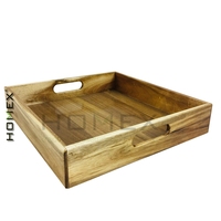 Plateau de service rectangulaire en bois d'acacia avec poignées découpées, plateau en bois pour le petit-déjeuner, le pain, le café