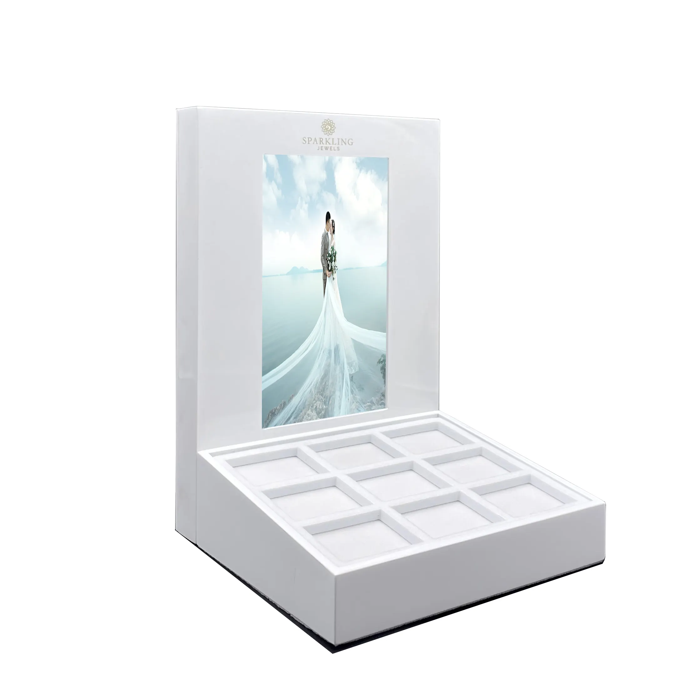 शेन्ज़ेन फैक्टरी प्रदर्शनी उत्पाद प्रदर्शन खड़े गत्ता वीडियो एक्रिलिक प्रदर्शन एलसीडी स्क्रीन के साथ खड़ा है