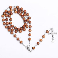 Collier Chapelet Classique Vintage Catholique en Perles de Bois Plaqué Argent Inoxydable avec Pendentif Croix de Jésus