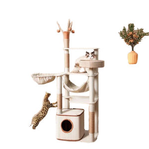 Grand <span class=keywords><strong>arbre</strong></span> à <span class=keywords><strong>chat</strong></span> minimaliste tout-en-un avec poteaux à gratter en sisal en bois et plateformes de saut, vente en gros toutes saisons - Product Image 1