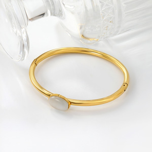 Pulsera ovalada de acero inoxidable con ojo de gato blanco para mujer, regalo de joyería con engaste de bisel - Product Image 2