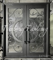 Porte d'entrée en fer d'usine Tanlong avec deux portes d'entrée en verre à ouverture arquée