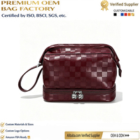 Sac de maquillage de voyage personnalisé pour femmes à double couche, en PU à carreaux de qualité supérieure, organiseur de cosmétiques et de produits de toilette