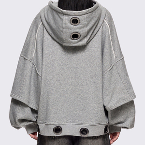 Sudadera con capucha y cremallera KingSen personalizada con bordado, mangas con patchwork y detalles de ojales metálicos, estilo casual urbano. - Product Image 5