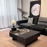 Ensemble de table basse moderne en bois massif et marbre, design carré avec espace de rangement, idéal pour appartement, mobilier de salon