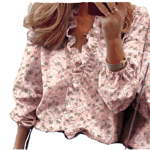 Blouse élégante et douce pour femme, style vintage, printemps-été, pull-over, nouvelle collection, à volants, manches longues, col en V, imprimé, tricoté, uni, teint. Tailles S-5XL. - Product Image 4