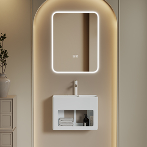 Lavabo da <span class=keywords><strong>Bagno</strong></span> in Ceramica a Parete con Scarico a Controlli Integrati, Lavatoio Incorporato e Vano Portaoggetti Integrato - Product Image 3