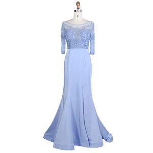 Beading Floor Length Evening Mother of The Bride Dress Blue Mermaid Skirt with Satin Natural OEM Service Short Chiffon Knitted