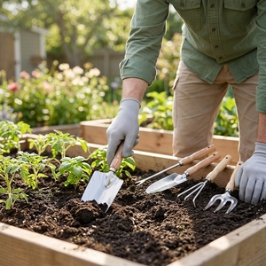 Ensemble de 5 outils de jardinage manuels robustes en acier inoxydable avec manche en bois, comprenant une truelle, un râteau et un désherbeur, pour la récolte à la maison et au jardin - Product Image 5