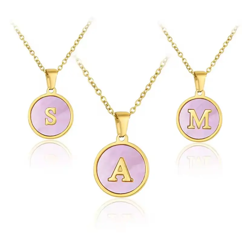 Factory 18k Gold Plated Stainless Steel A-z Alphabet Circle Coin Pendant Initial Pink Seashell Letter Charm Necklace For Women