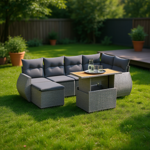 ชุดโซฟาสวนสีเทา เฟอร์นิเจอร์หวายสำหรับกลางแจ้ง พร้อมเบาะโฟมความหนาแน่นสูง กันน้ำ ดีไซน์ร่วมสมัย - Product Image 2
