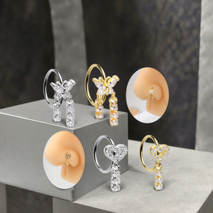 Trang sức mũi Ấn Độ, đá CZ hình bướm, khuyên mũi có hai dây chuyền, thép không gỉ mạ vàng, hình trái tim - Product Image 5