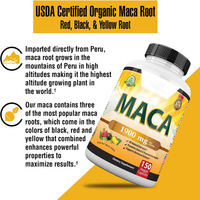 Raíz de Maca Orgánica Negra, Roja y Amarilla, 1900 MG por Porción - 120 Cápsulas Veganas, Raíz de Maca Peruana Gelatinizada, 100% Pura, Sin OMG