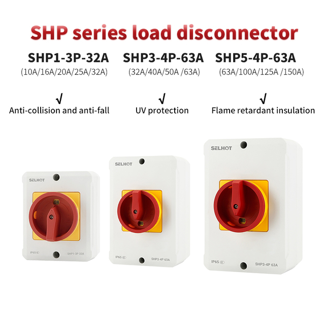 SELHOT SHP Outdoor Waterproof Surface Mounted Three-phase Rotary Isolation Disconnect Switch AC DC IP65 Battery Isolator 100A
