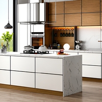 Îlot de cuisine ARET de luxe en bois blanc mat avec dessus en pierre et éclairage LED OEM