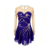 Robe de patinage artistique bleu roi pour enfants et adultes, en tissu maillé, manches longues, dos ajouré avec strass, pour compétition et spectacle