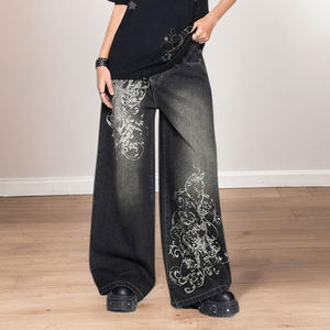 Jeans en denim noir délavé vintage à motifs patchwork Y2K, taille basse, coupe droite, respirant, pour la danse de rue, décontracté - Product Image 3