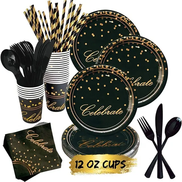 Happy New Years Eve Party Table Supplies Noir Or Assiette En Papier Jetable Tasses Serviettes Ensemble pour Graduation Servir 16 Invité