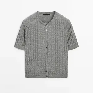 YQ 2024 S/S Camiseta de tricô de manga curta feminina com camisola de gola O Camiseta de manga curta casual para mulheres