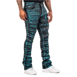 Pantalones vaqueros de mezclilla con parche apilado para hombre, Vaqueros ajustados, elásticos, encerados, personalizado, OEM, venta al por mayor