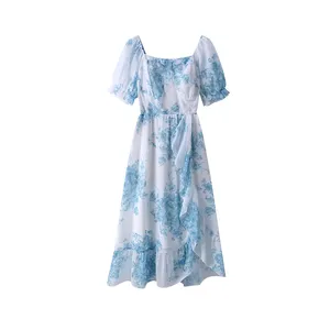 Женское летнее повседневное французское платье большого размера, шифоновое платье из синей и белой фарфоровой ткани с принтом, элегантное вечернее платье свободного кроя, длинное