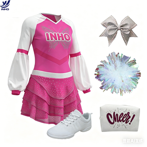 Uniformes <span class=keywords><strong>de</strong></span> Porristas <span class=keywords><strong>de</strong></span> Spandex con Logotipo Personalizado, Diseño <span class=keywords><strong>de</strong></span> Mariposa Rosa y Blanca con Pedrería, Personalizables - Product Image 2