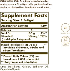 Solgar 100 Softgels E vitamini 268mg (400 IU) d-alfa Tocopherol karışık Tocopherols bağışıklık sistemi cilt beslenme doğal destekler - Product Image 2
