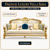 Ensemble de canapés de salon dans une palette de couleurs baroque française luxueuse, canapé en cuir et bois massif de style palais royal, adapté aux villas de luxe.