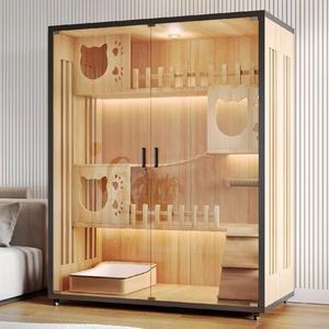 Vente en gros de villa pour chat en bois massif, grande enclos interactive pour chat avec porte en verre trempé - Product Image 2