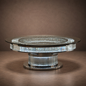 Mesa de Centro Redonda Decorativa con Cristales LED, Tapa de Vidrio Transparente y Base Iluminada para Muebles Modernos de Lujo para el Hogar - Product Image 3
