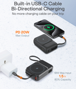 Power Bank Wireless 10000mAh 22W PD con Cavo Integrato, 4 Uscite USB C e USB A, Display LED, <span class=keywords><strong>Caricabatterie</strong></span> Portatile per Viaggi e Ufficio - Product Image 4