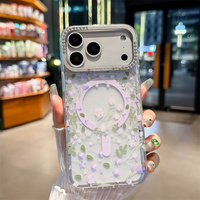Funda magnética de moda con purpurina floral para iPhone 17 16 15 Pro Max, transparente con marco metálico de diamante para la cámara y cubierta trasera de jardín
