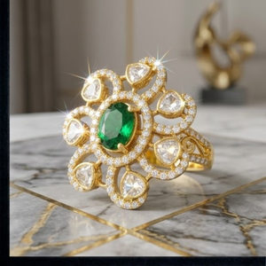 925 Silver Emerald Kundan Floral <b>Ring</b> <b>Gold</b> Adjustable Statement Flower Design Jewelry for Women Party Wear Style - Product Image 4