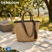 Sac fourre-tout en raphia tressé artisanal de grande capacité, en cuir naturel de qualité supérieure, idéal pour les vacances à la plage - Modèle 3430 D