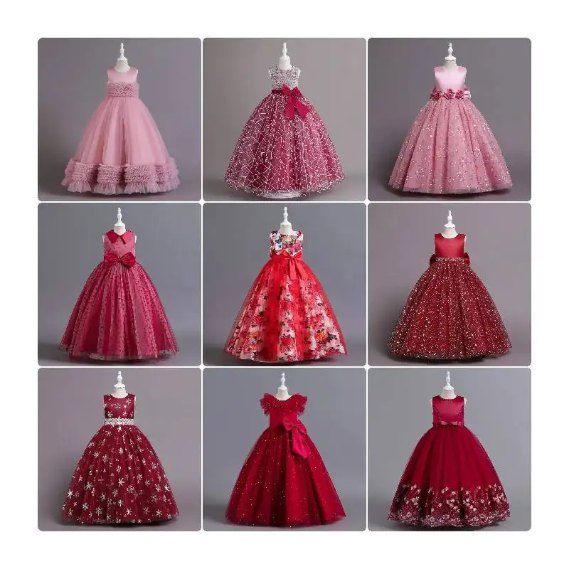 Girls Trailing Lace Dress Flower Kids Dresses for Girls Banquet Show Dress Hot Selling Summer Cotton Mini Satin Fabric