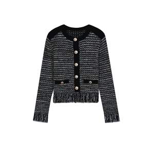 Women's Blue Crew Neck Long Sleeve Single-Breasted Wool Fringed Knit <b>Sweater</b> Breathable <b>Vintage</b> Spring Elegant High-End Top - Product Image 2